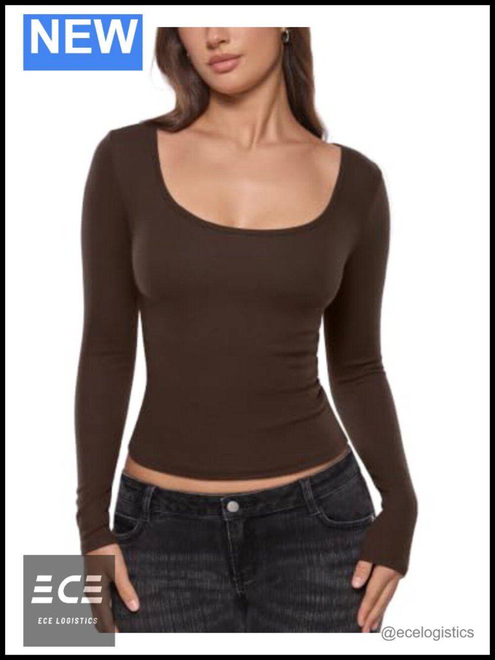 Women's Scoop Neck Long Sleeve Ribbed Cotton T-Shirt Slim Fit Tee